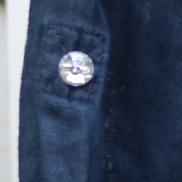 INC Navy Blue Linen w Stretch Sides Crystal Button Roll Tab Sleeve Shirt Sz XS - Picture 5 of 7